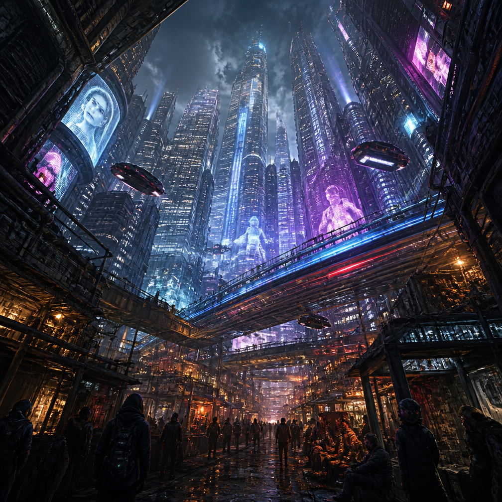 Cover art for New Avalon, a cyberpunk world on Voyage