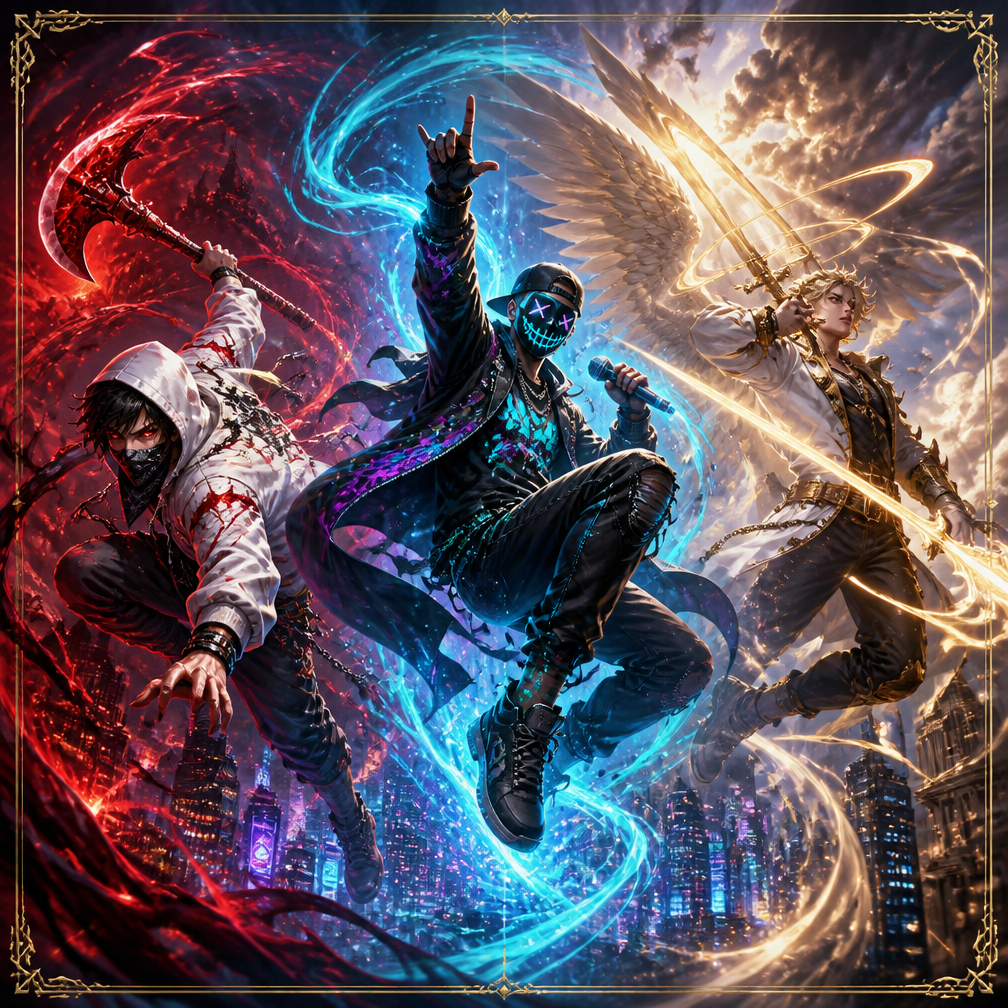 Cover art for gods among us (a world of heros villains angels and demons), a dark fantasy world on Voyage