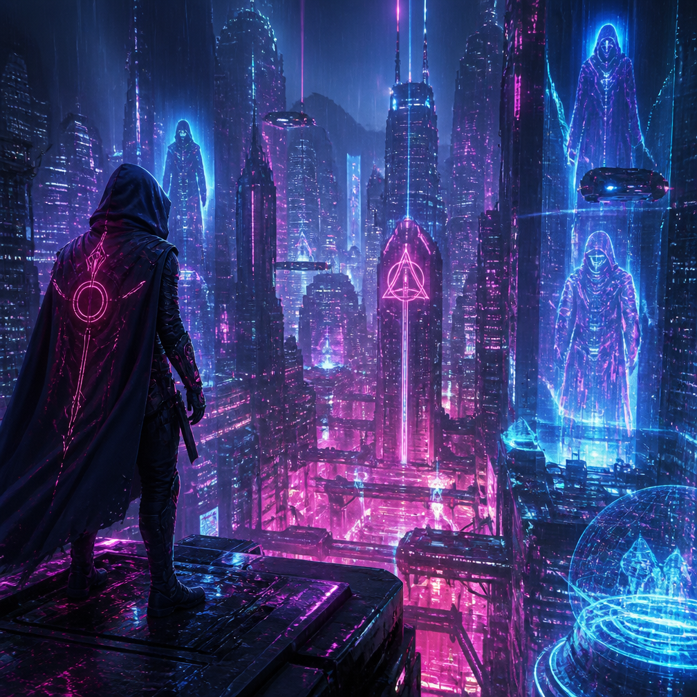 Cover art for Assassin's Creed: Neon Shadows, a cyberpunk world on Voyage