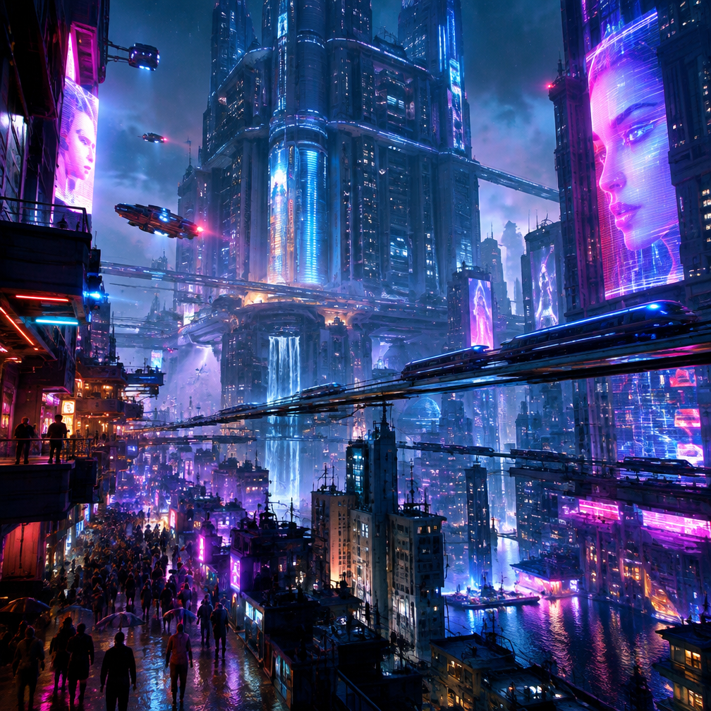 Cover art for Neon Dominion, a cyberpunk world on Voyage