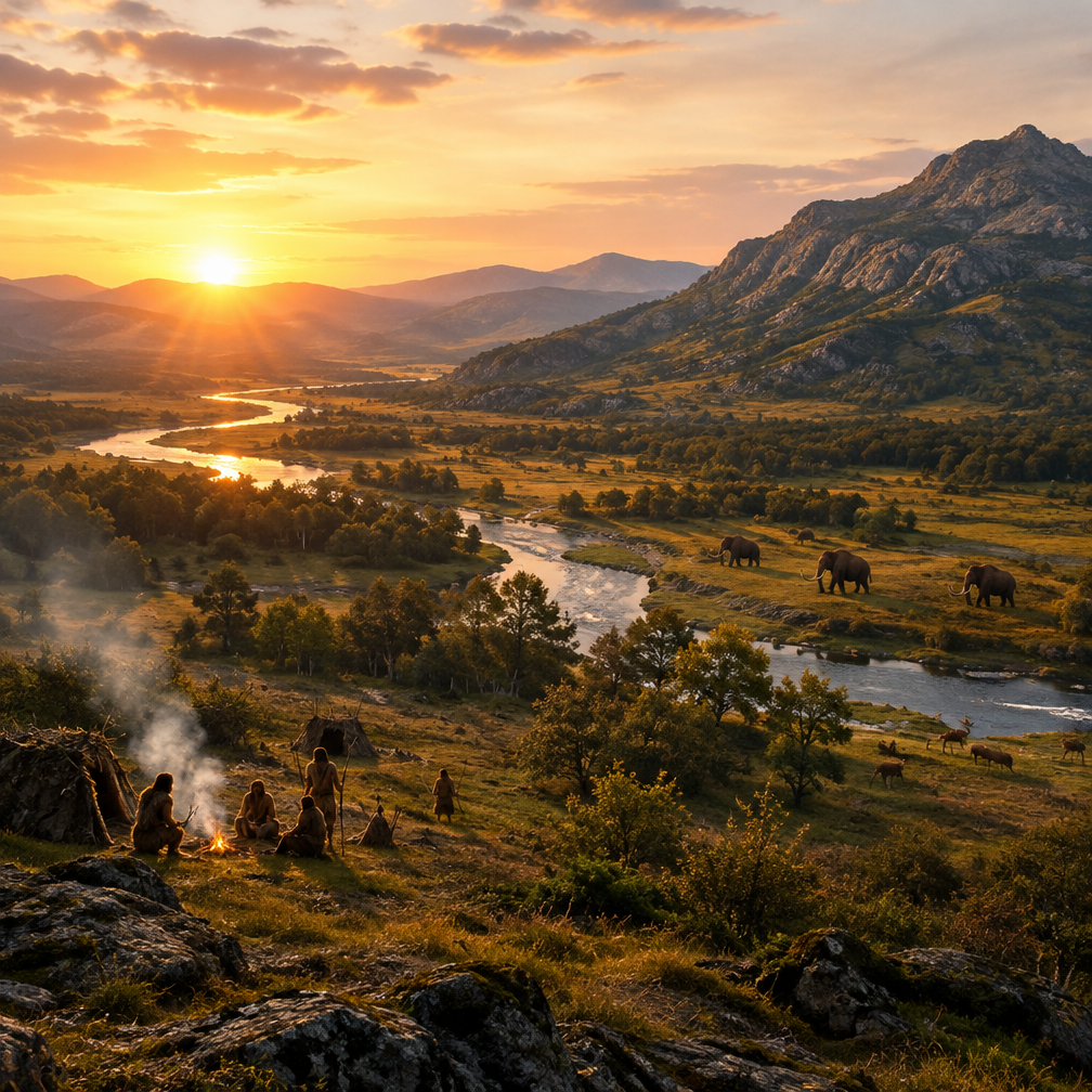 Cover art for Dawn of Humanity, a stone age world on Voyage