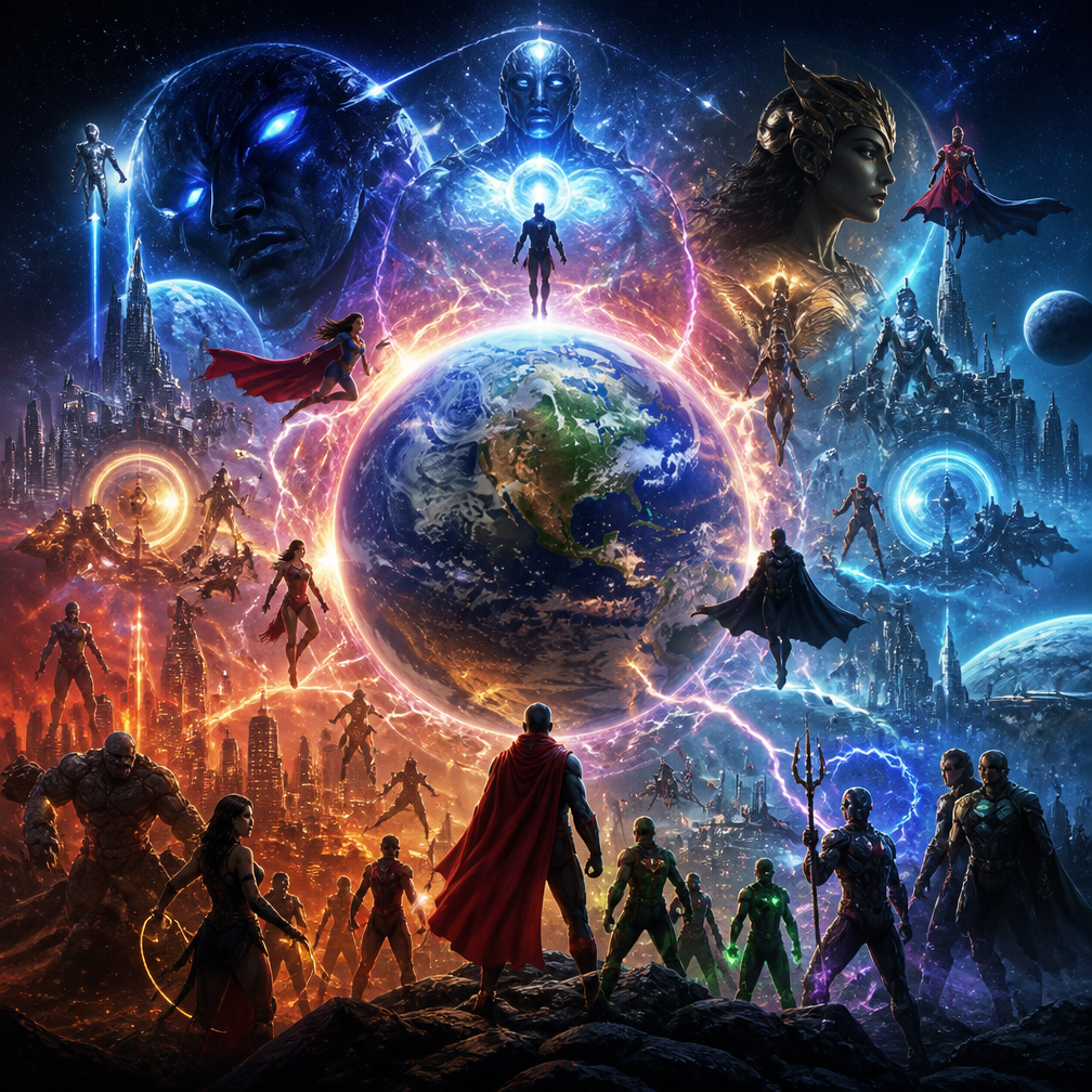 Cover art for MARVEL × DC ULTIMATE WORLD, a superhero world on Voyage