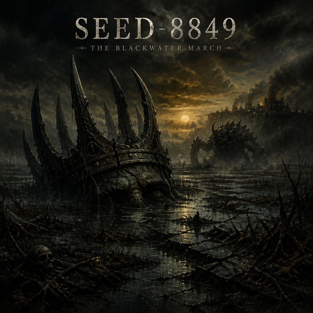 Cover art for ASHEN FATE: SEED-8849, a dark-fantasy world on Voyage