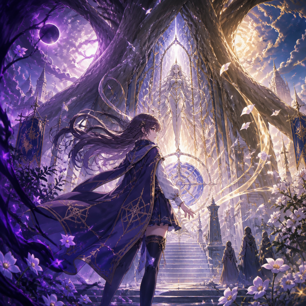 Cover art for Veloria: The Goddess Beneath the Veil, an anime world on Voyage