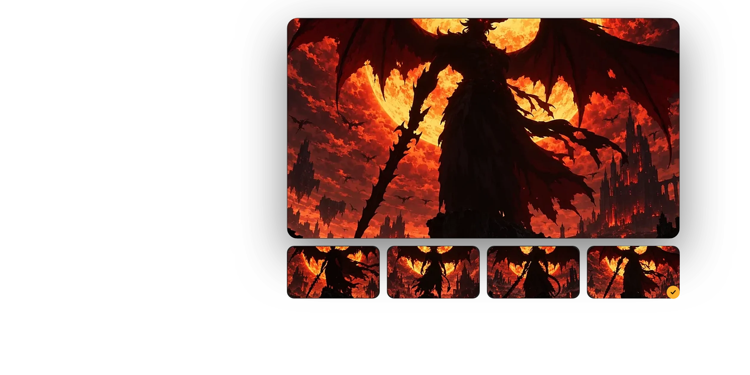 A generated cover of a demonic silhouette against a burning sun, above four generated options.