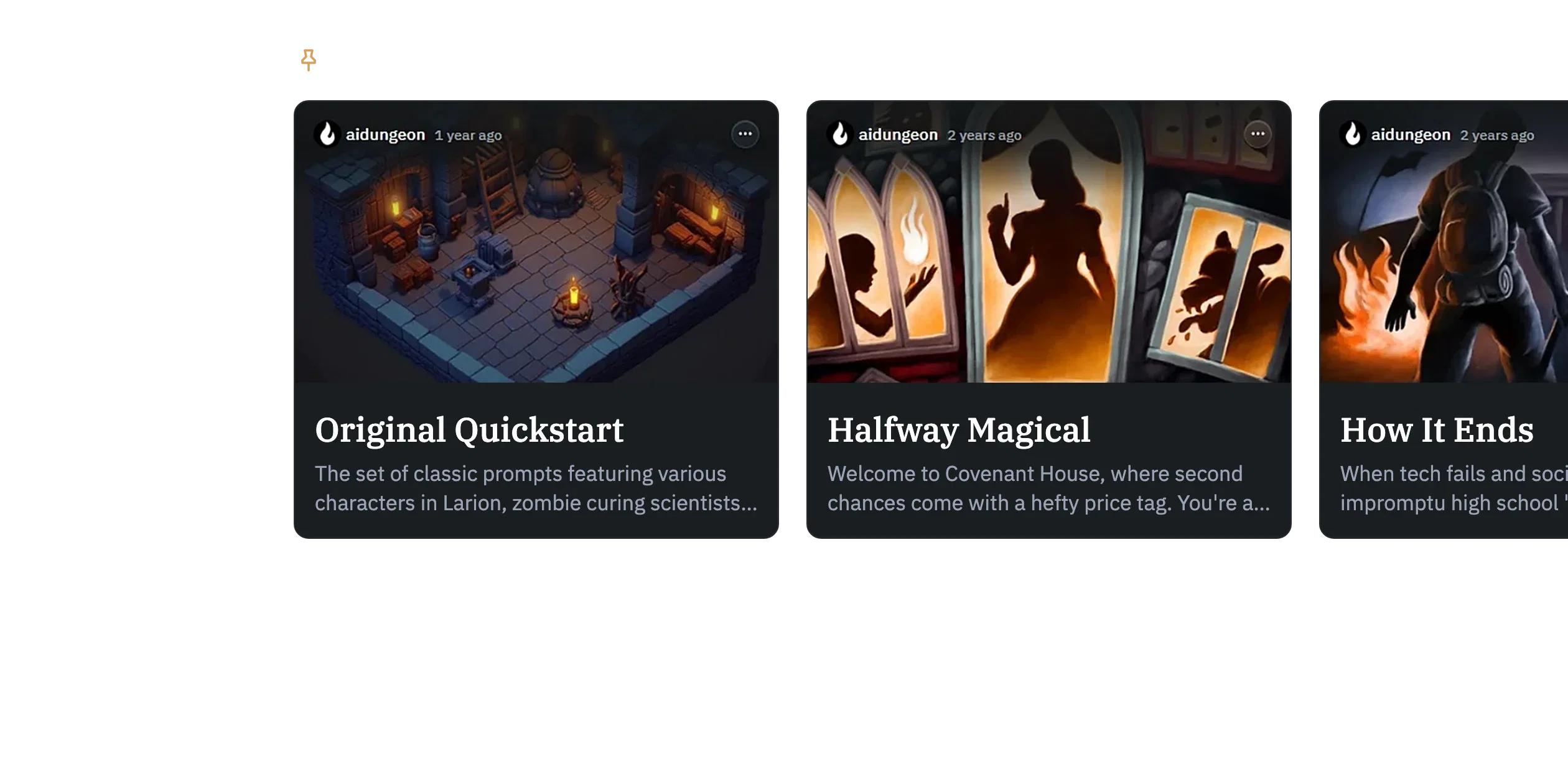 Three scenarios pinned under Creator picks on the @aidungeon profile.