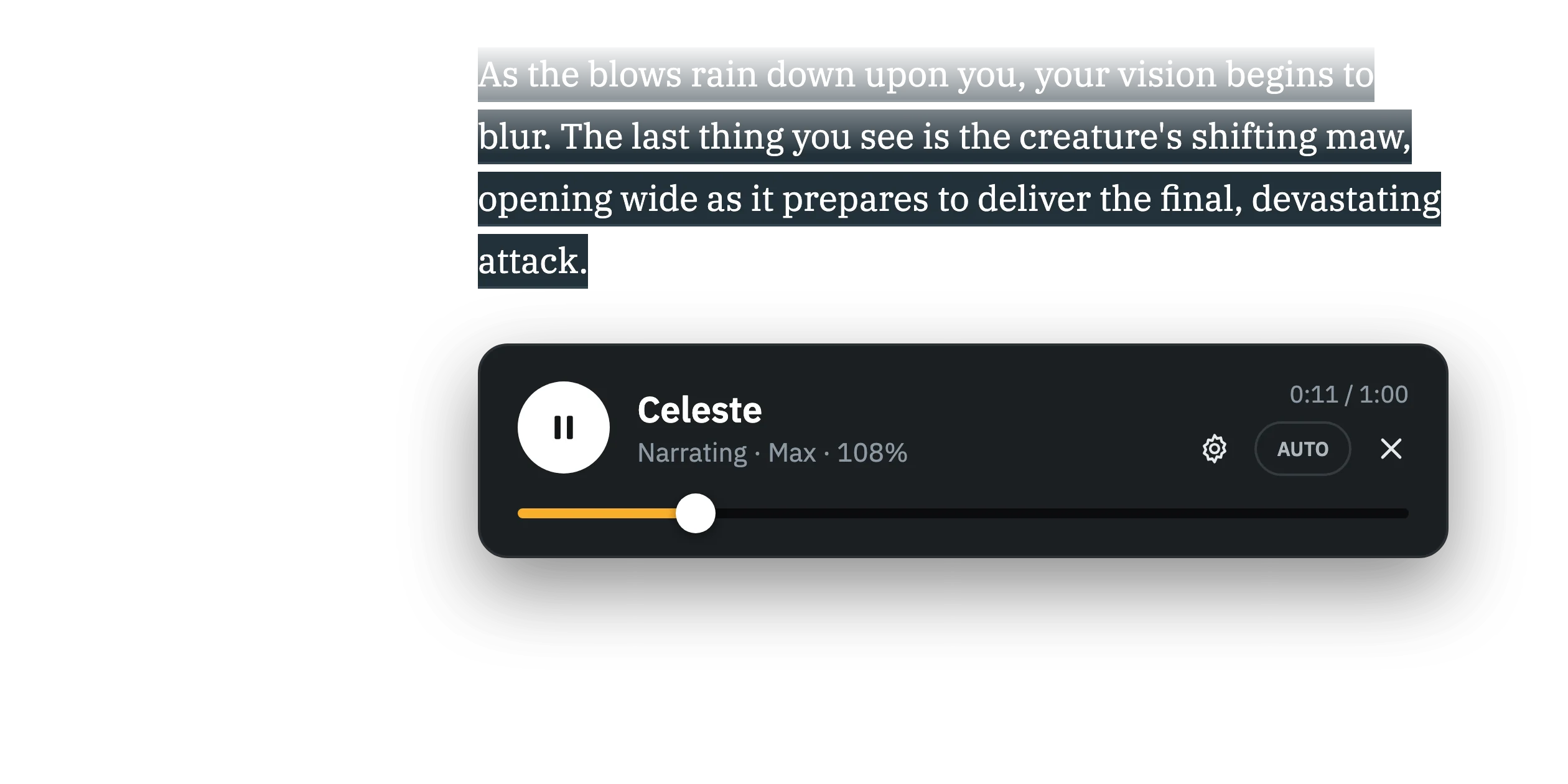 A story passage highlighted as it is read aloud, above the narration player.