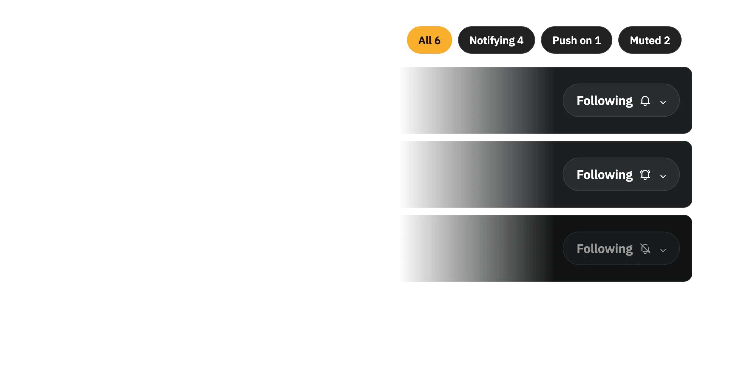 Filter chips and Following buttons showing the notifying, push, and muted states.