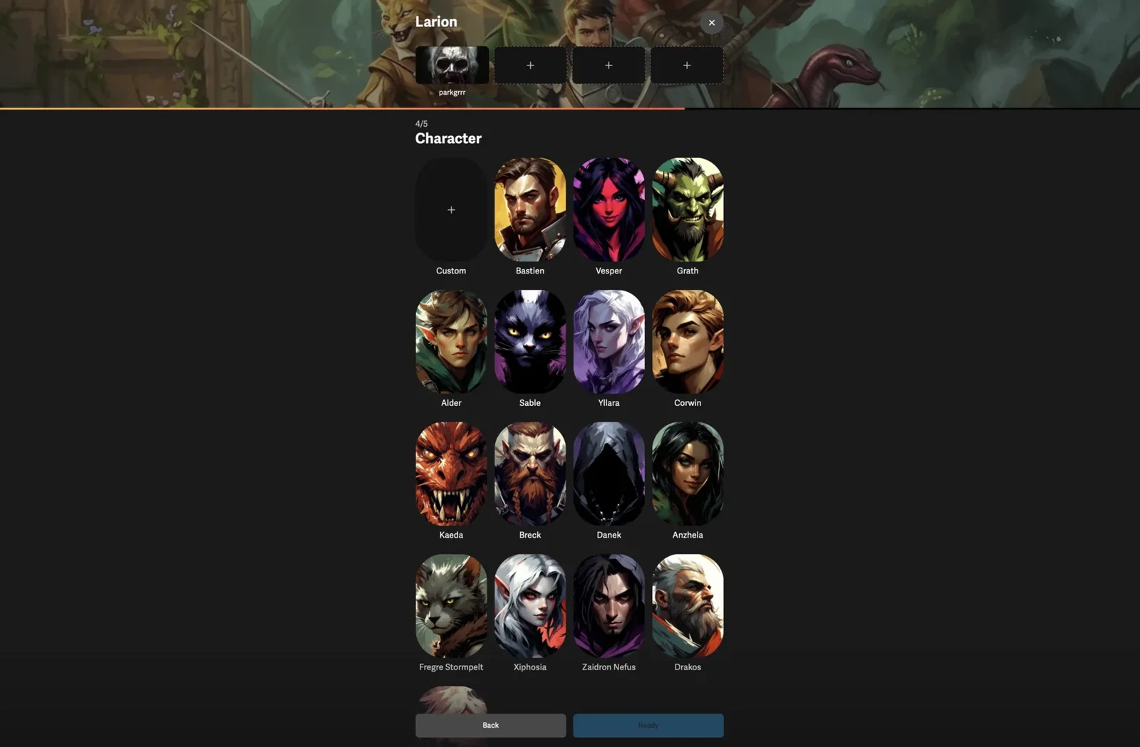Voyage character creation with a selection of authored characters
