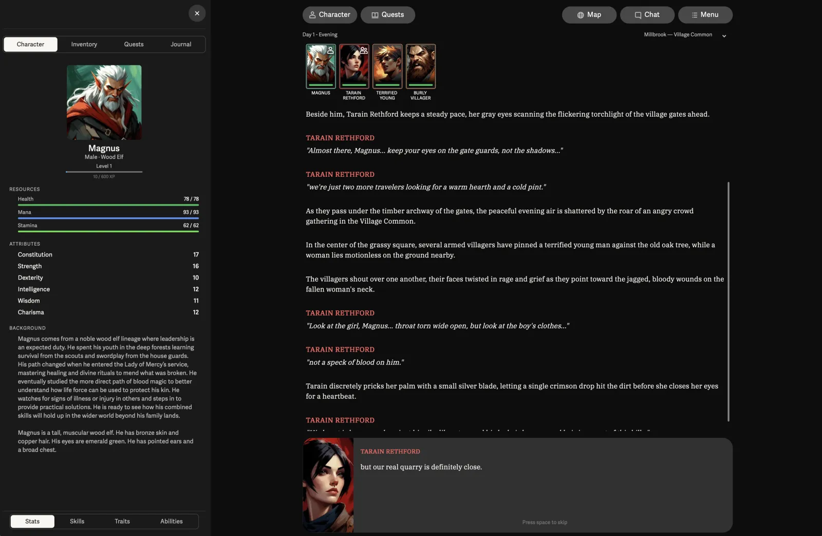 Voyage gameplay with a character sheet and persistent party story