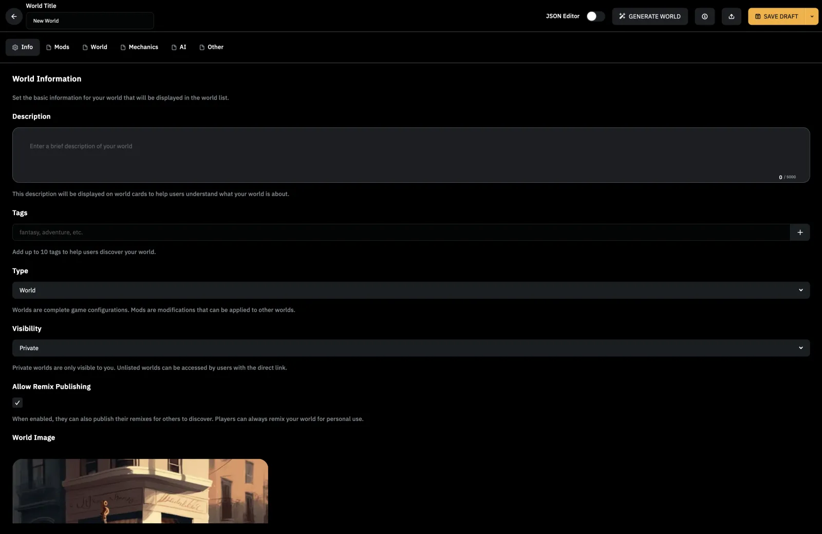 Voyage world editor with publishing, world, mechanics, and AI controls