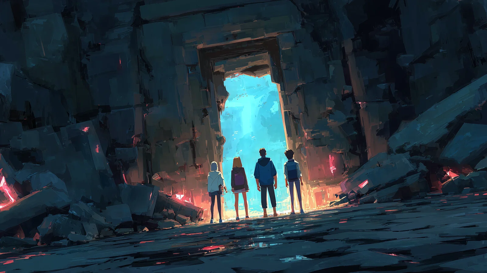 A traveler entering a glowing doorway into a Voyage world