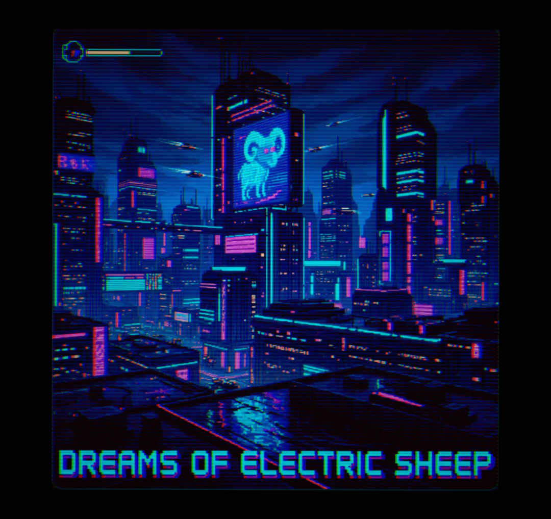 Cover art for Dreams of Electric Sheep, a cyberpunk scenario on AI Dungeon