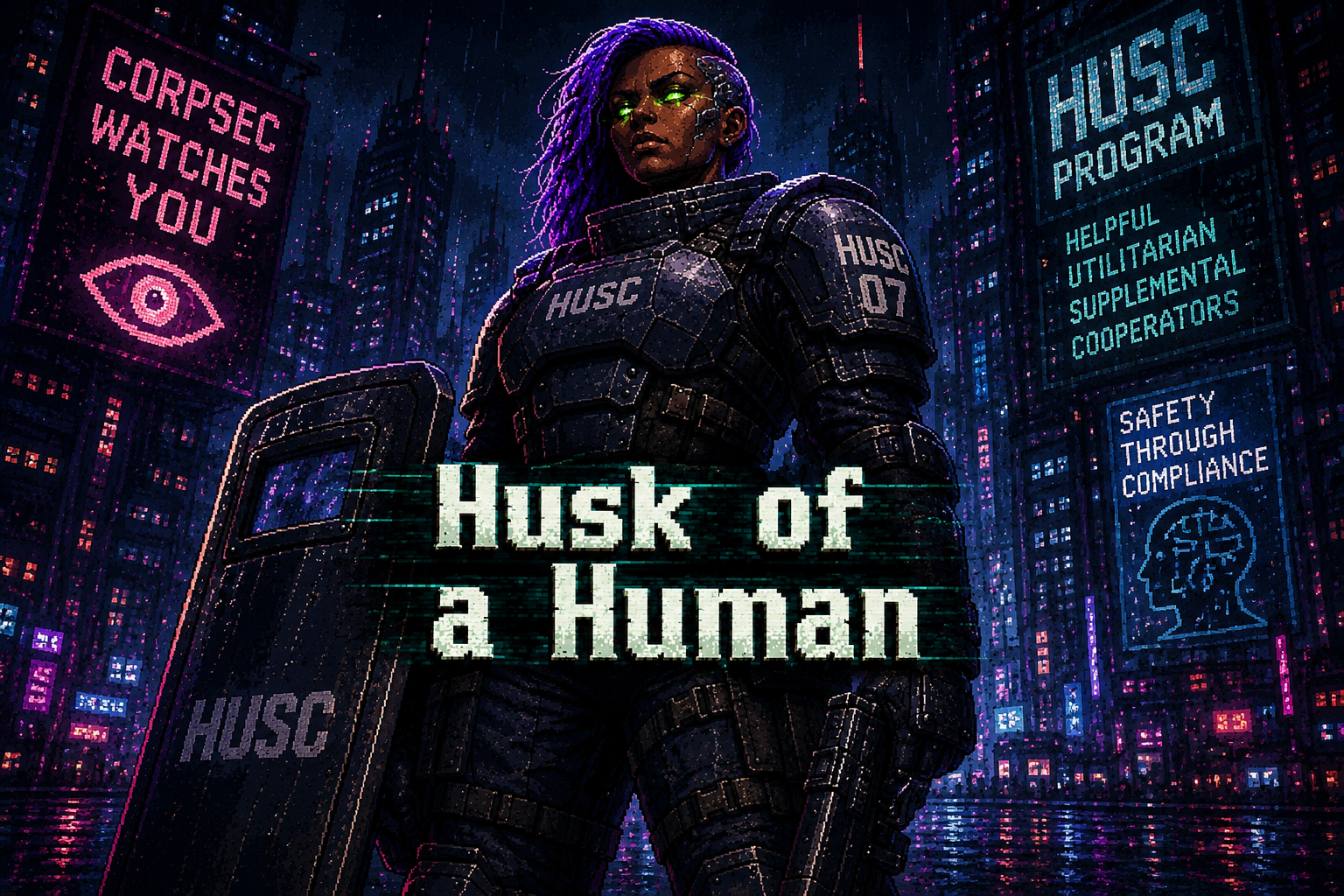 Cover art for Husk of a Human (1.3), a cyberpunk scenario on AI Dungeon