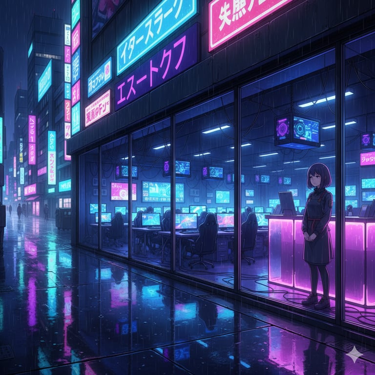 Cover art for Pixels and Quiet Nights, an internet cafe sim scenario on AI Dungeon