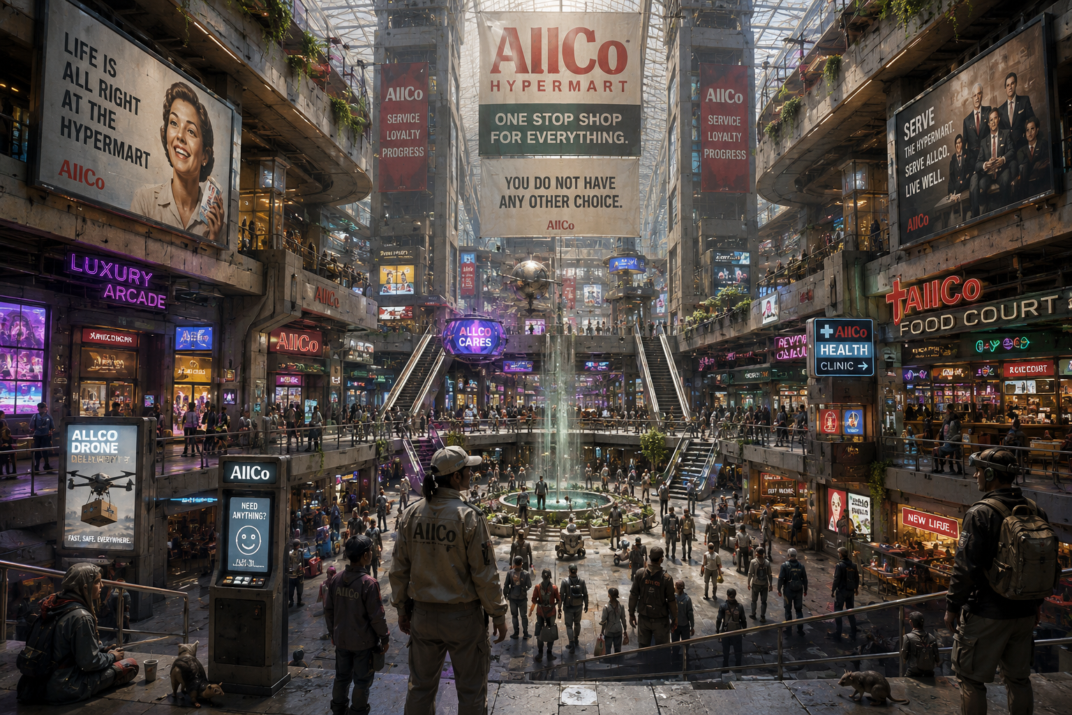 Cover art for AllCo's Hypermart, (Inner Self ðŸŽ)! dystopian mall sandbox, a sci fi scenario on AI Dungeon