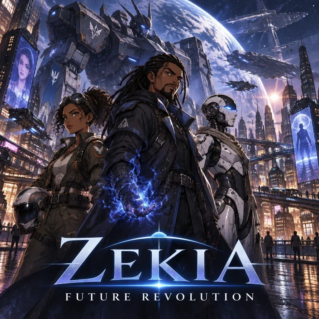 Cover art for Zekia: Future Revolution, a sci-fi world on Voyage