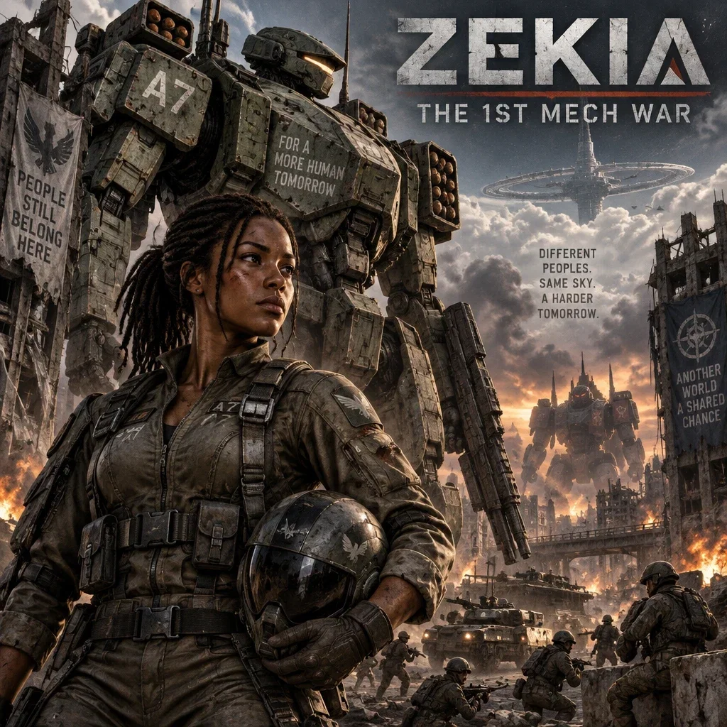 Cover art for Zekia: The 1st Mech War, a mech world on Voyage