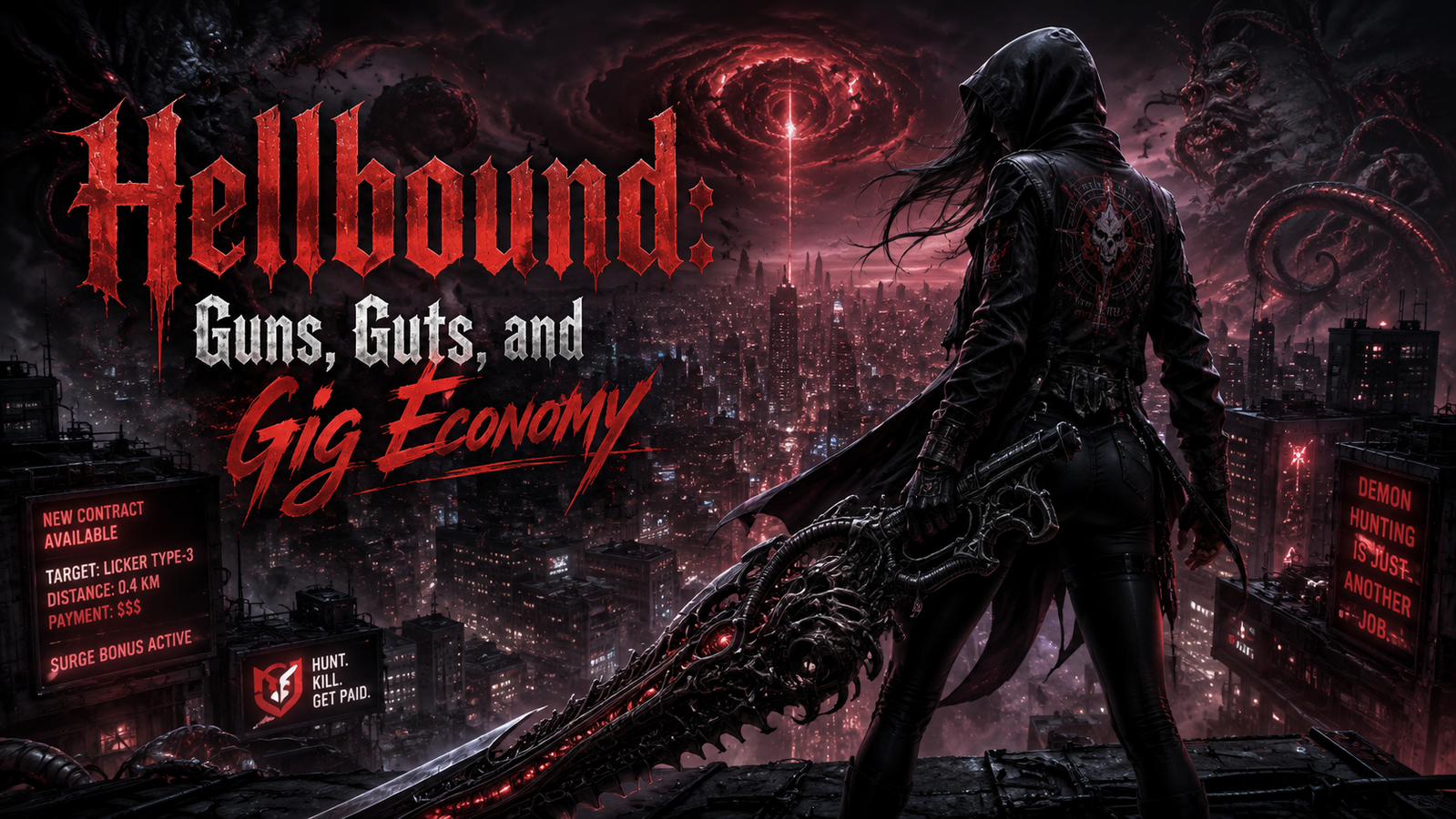 Cover art for Hellbound: Guns, Guts, and Gig Economy, an action scenario on AI Dungeon