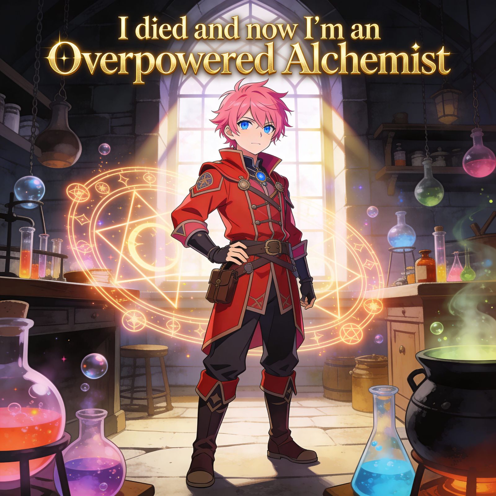 Cover art for "I died and now I'm an overpowered Alchemist", a magic scenario on AI Dungeon