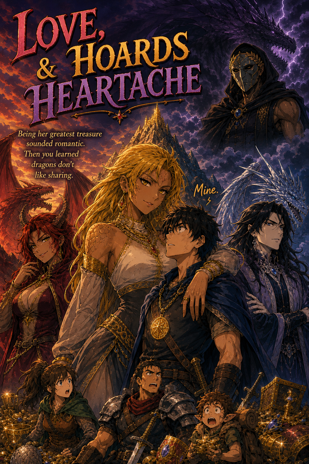 Cover art for Love, Hoards, & Heartache, a love scenario on AI Dungeon