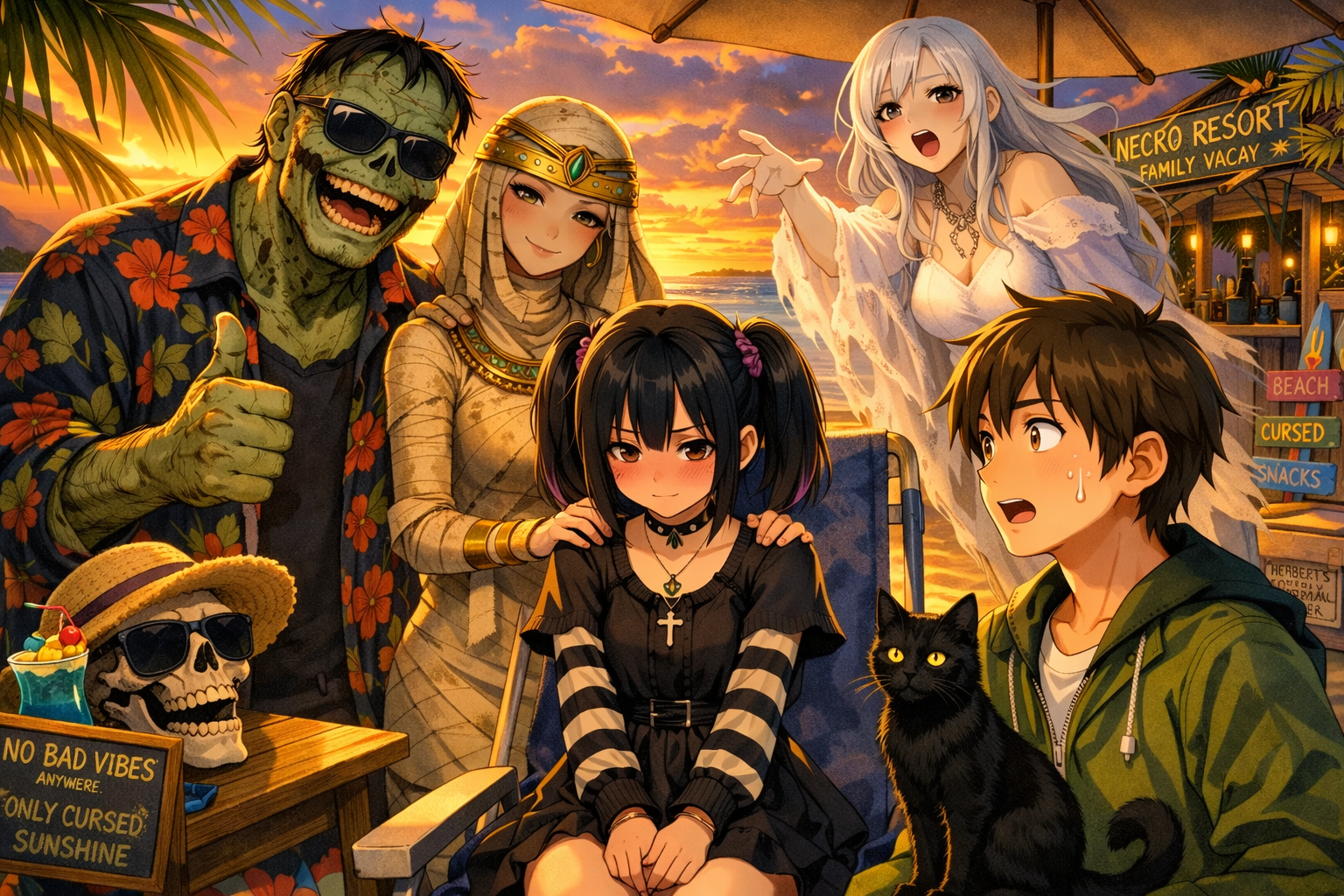 Cover art for My Shy Goth Necromancer's Beach Vacation, a comedy scenario on AI Dungeon