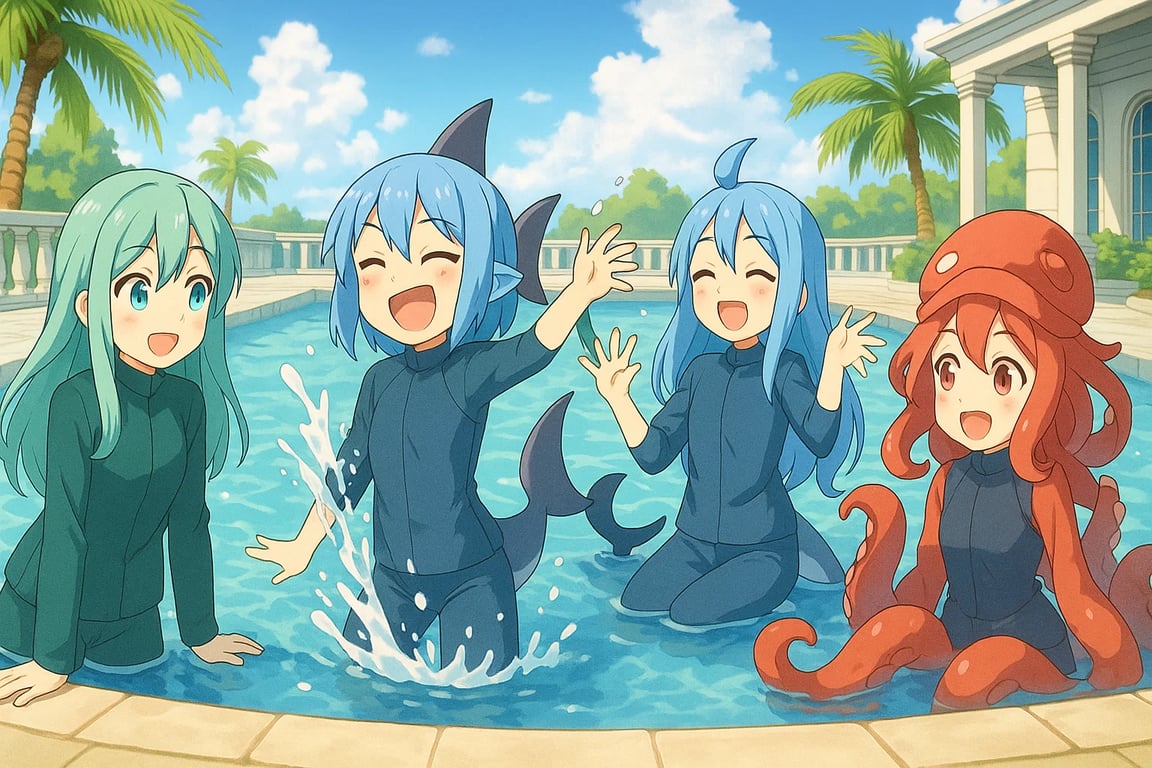 Cover art for Unexpected Poolmates, a comedy scenario on AI Dungeon
