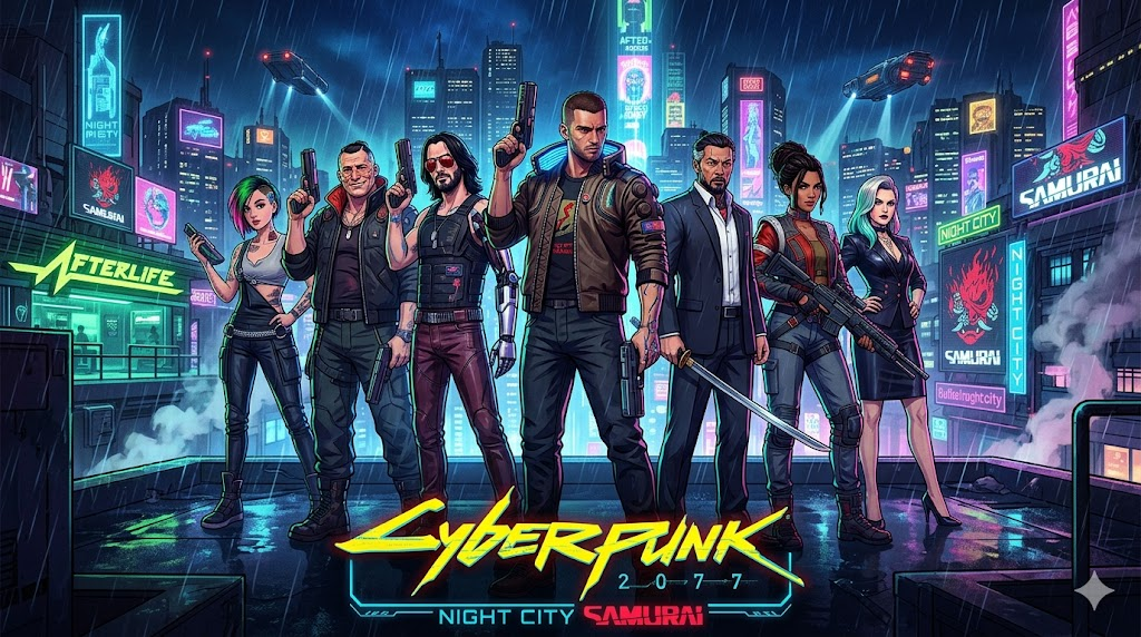 Cover art for Cyberpunk 2077, a cyberpunk scenario on AI Dungeon