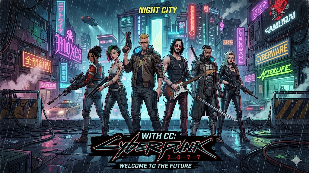 Cover art for WITH CC: Cyberpunk 2077, a cyberpunk scenario on AI Dungeon