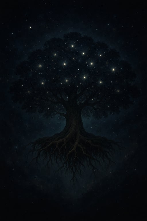 Cover art for The Greater Night Sky: The Tree of Secrets, a high fantasy scenario on AI Dungeon