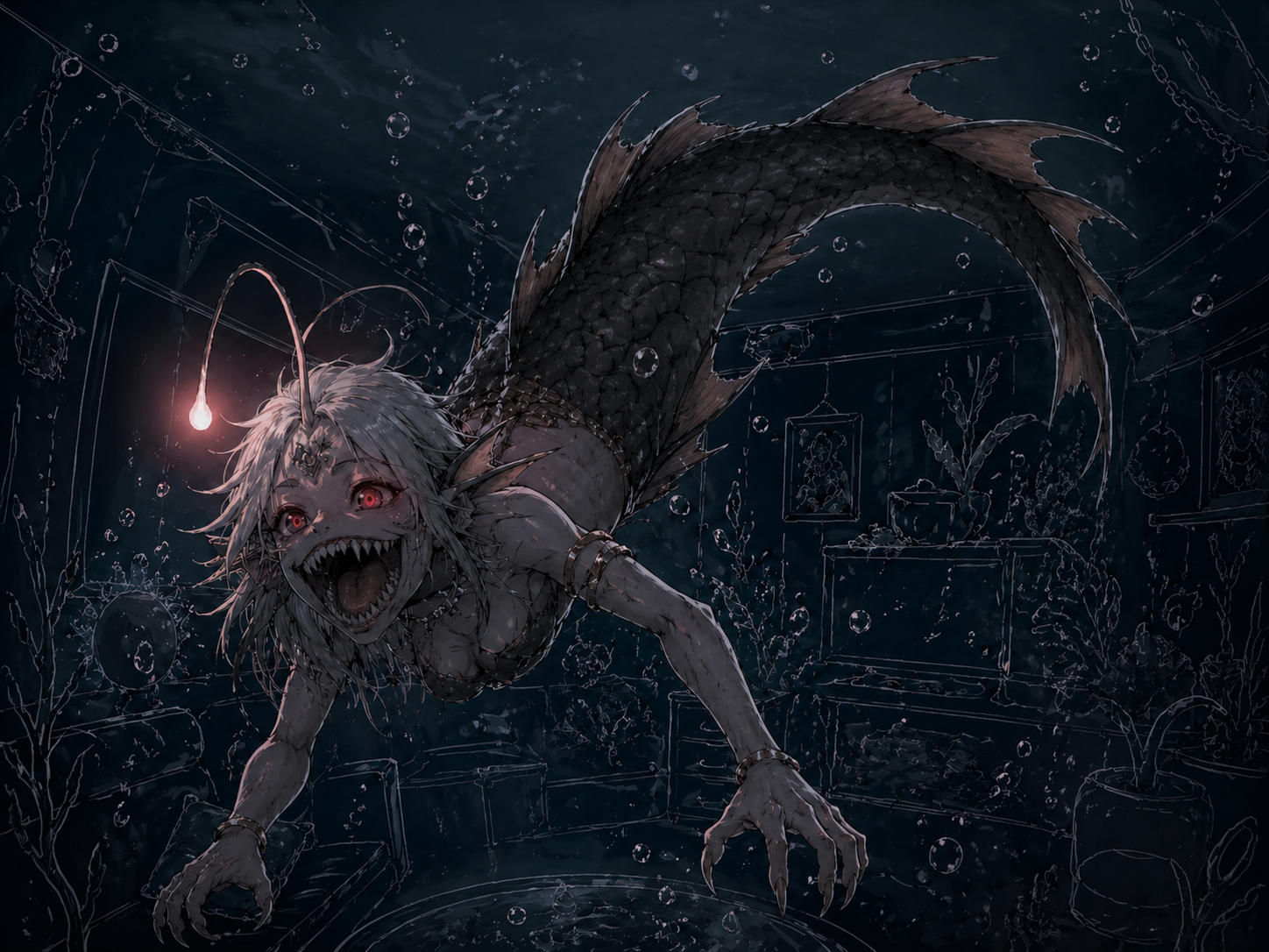 Cover art for Life in the Aquarium and with a large mouth angler fish, an inner self scenario on AI Dungeon
