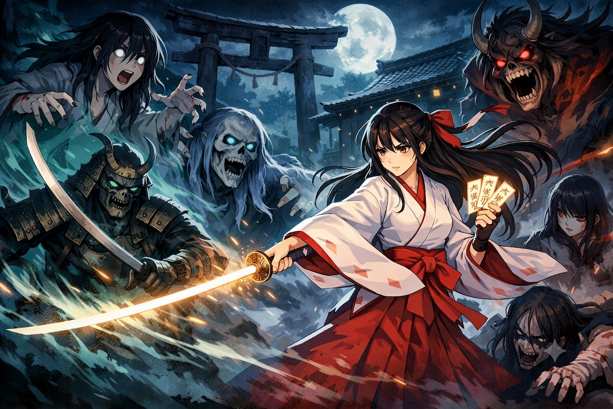 Cover art for Ghost World β The Shrine Maiden Hunts Ghosts, a modern day scenario on AI Dungeon