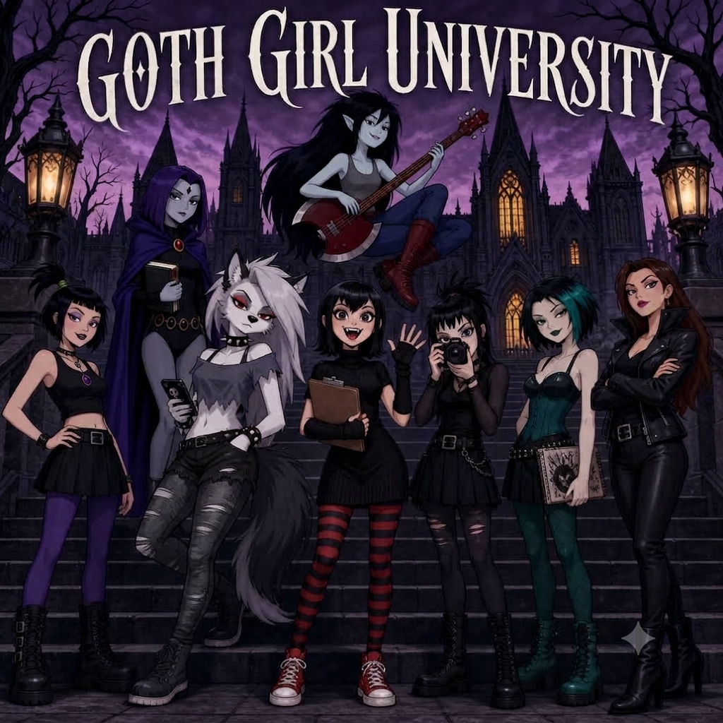 Cover art for Goth Girl University , a comedy scenario on AI Dungeon