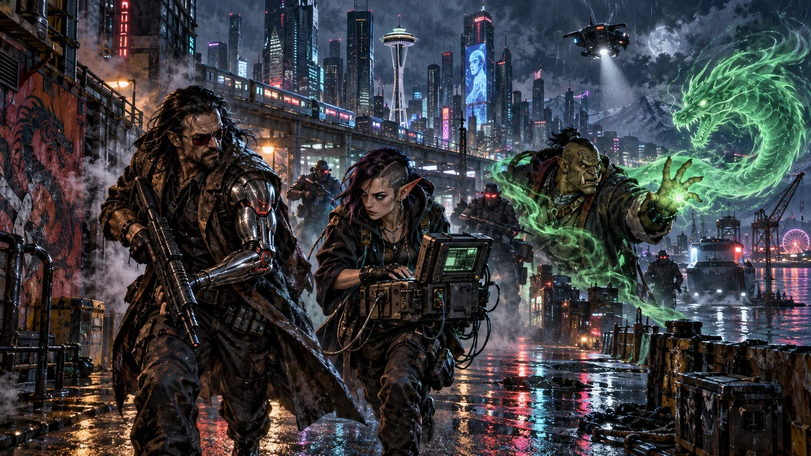 Cover art for Shadowrun: Seattle 2053, a cyberpunk world on Voyage