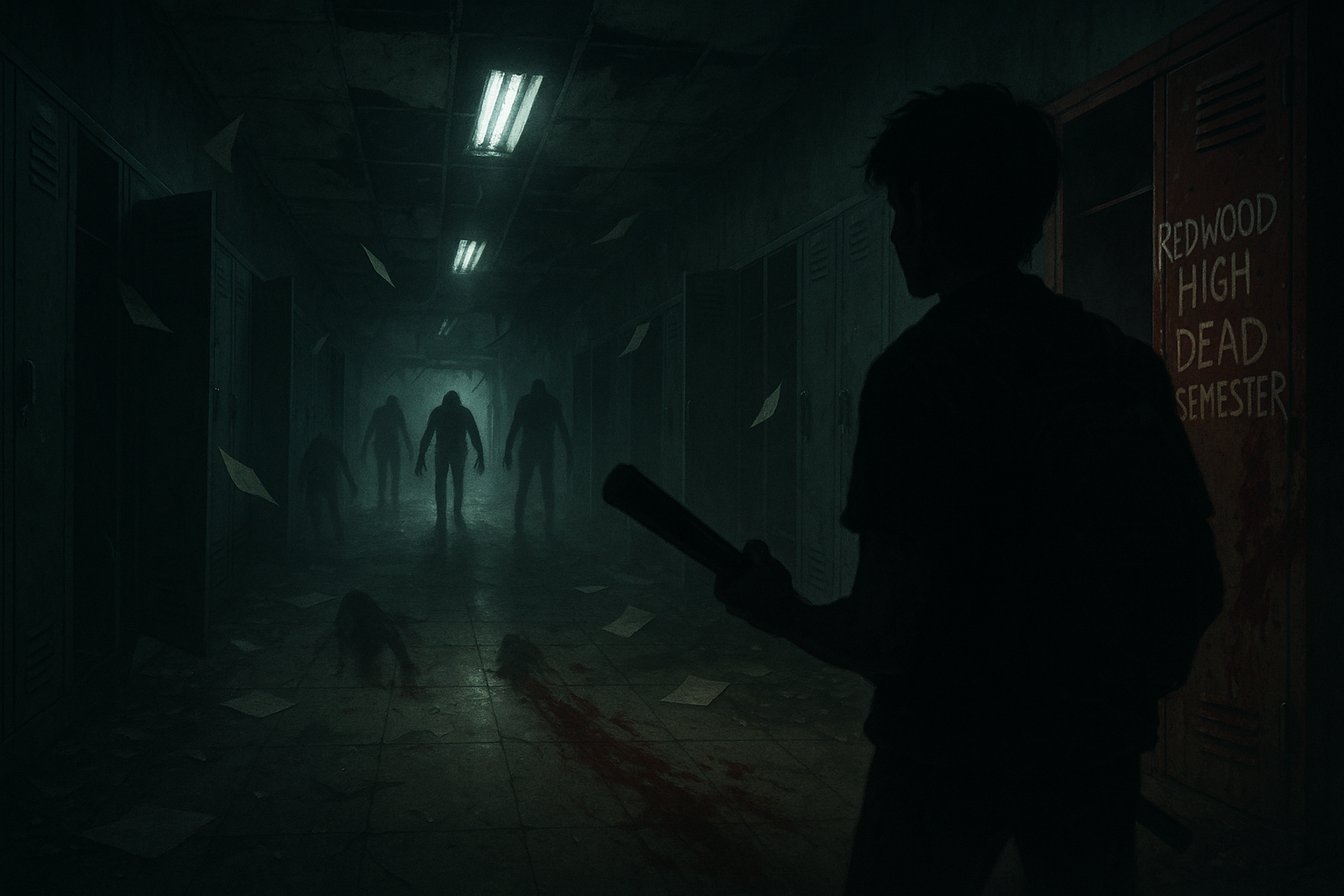 Cover art for Redwood High: Dead Semester, a zombie scenario on AI Dungeon