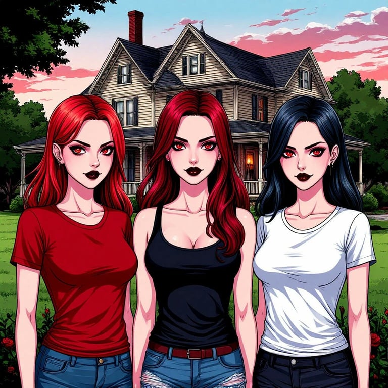 Cover art for Three vampire girls next door., a vampire scenario on AI Dungeon