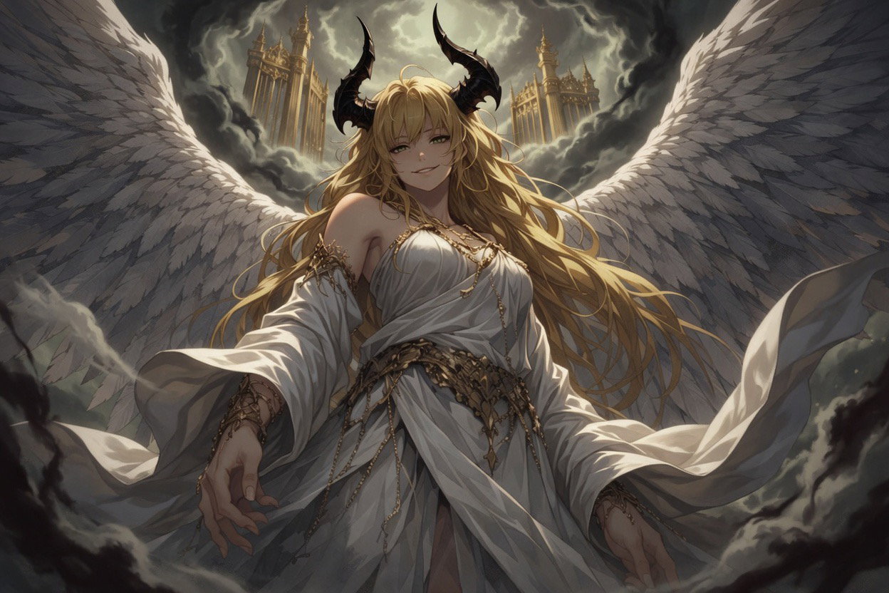 Cover art for 𝘉𝘦𝘵𝘵𝘦𝘳 𝘵𝘰 𝘳𝘦𝘪𝘨𝘯 𝘪𝘯 𝘏𝘦𝘢𝘷𝘦𝘯…, an inner self scenario on AI Dungeon