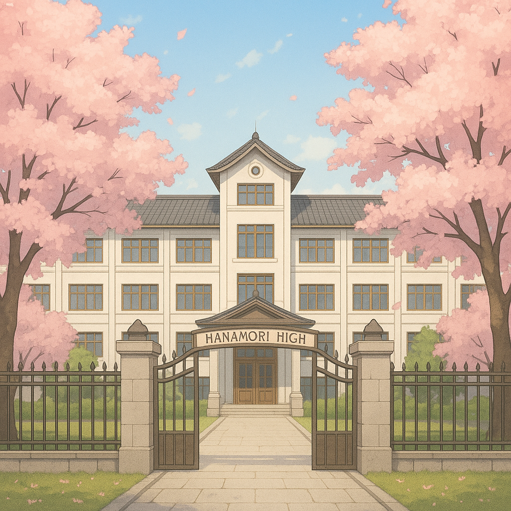 Cover art for Hanamori High: Beneath the Blossoms, an anime scenario on AI Dungeon