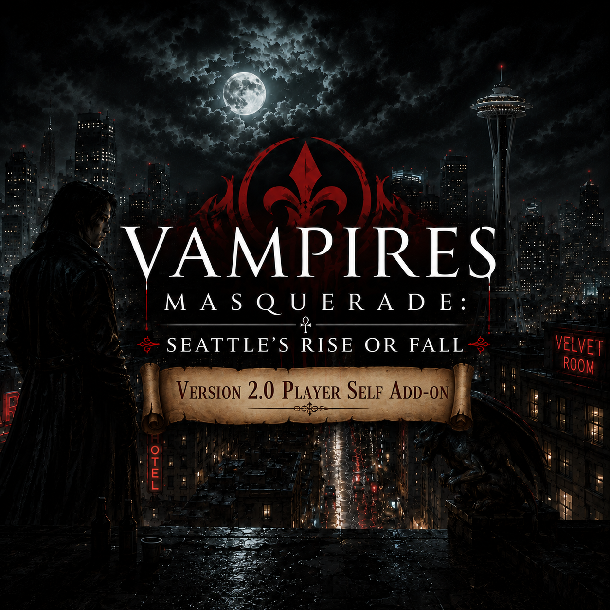 Cover art for Vampires Masquerade: Seattle's Rise or Fall, a dark fantasy scenario on AI Dungeon