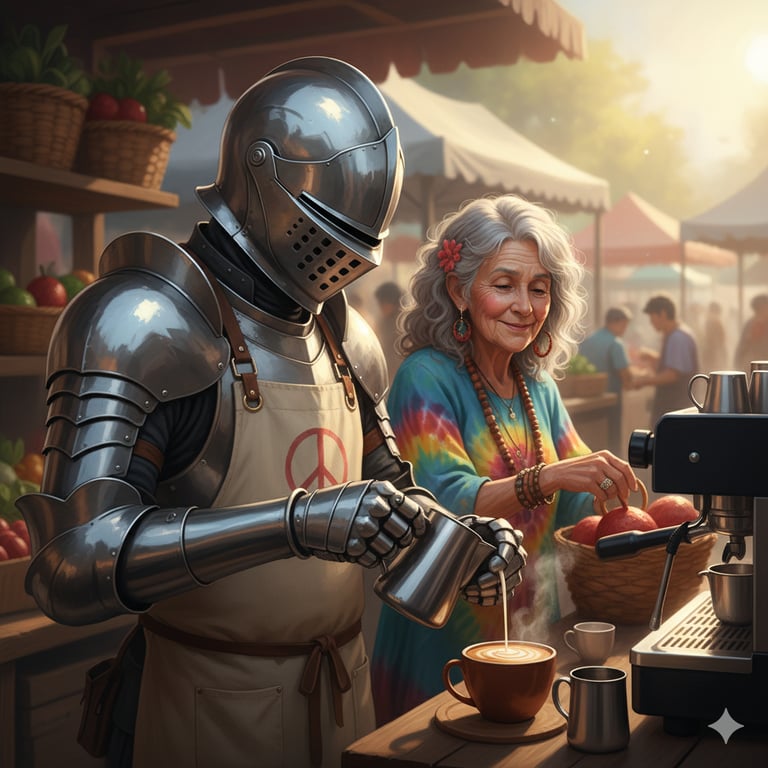 Cover art for Crosswalks & Caffeine: A Knight’s New Quest A Reverse Isekai Tale, an autocards scenario on AI Dungeon