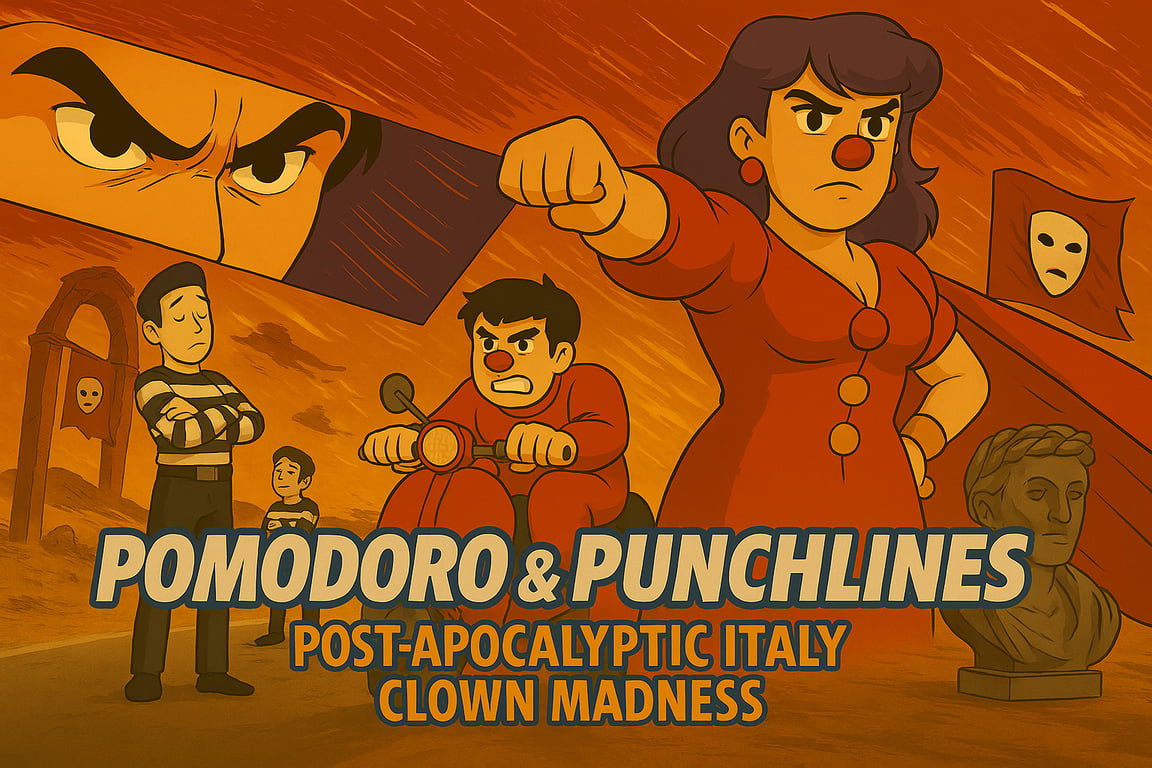 Cover art for Pomodoro & Punchlines: Post-Apocalyptic Italy Clown Madness, a clowns scenario on AI Dungeon