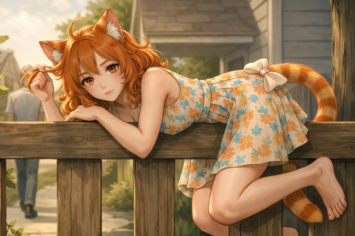 Cover art for The Orange Catgirl Next Door, a fantasy scenario on AI Dungeon