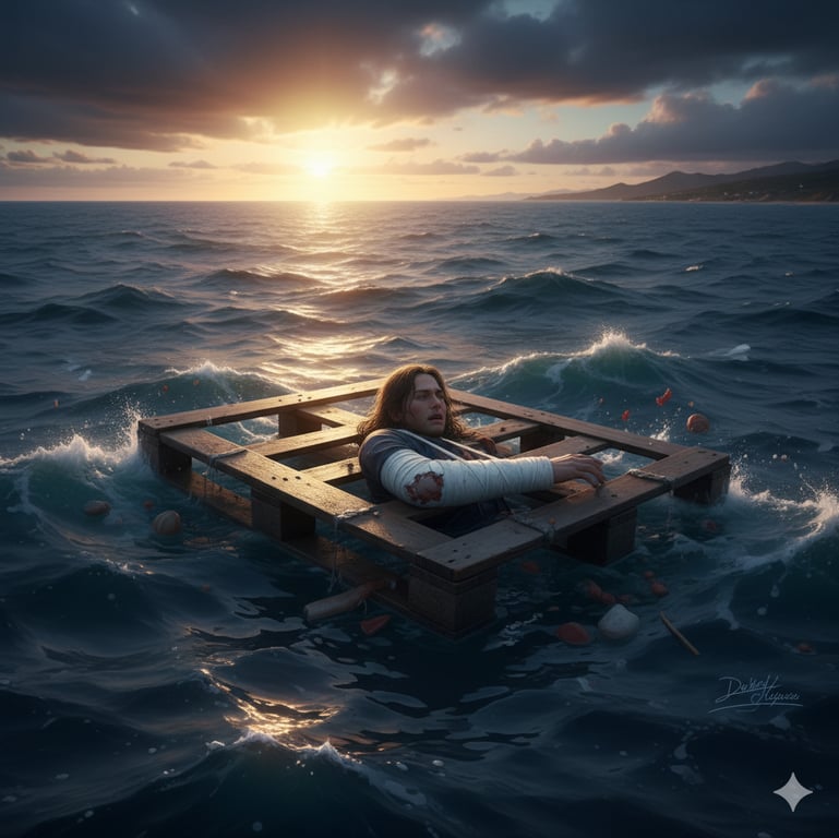 Cover art for A Wooden Pallet, A Broken Arm, You, All in the Sea, a stuck at sea scenario on AI Dungeon