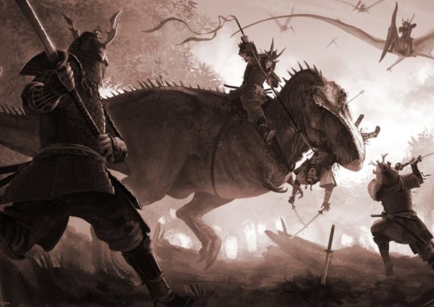 Cover art for Samurai VS Dinosaurs, a prehistoric scenario on AI Dungeon