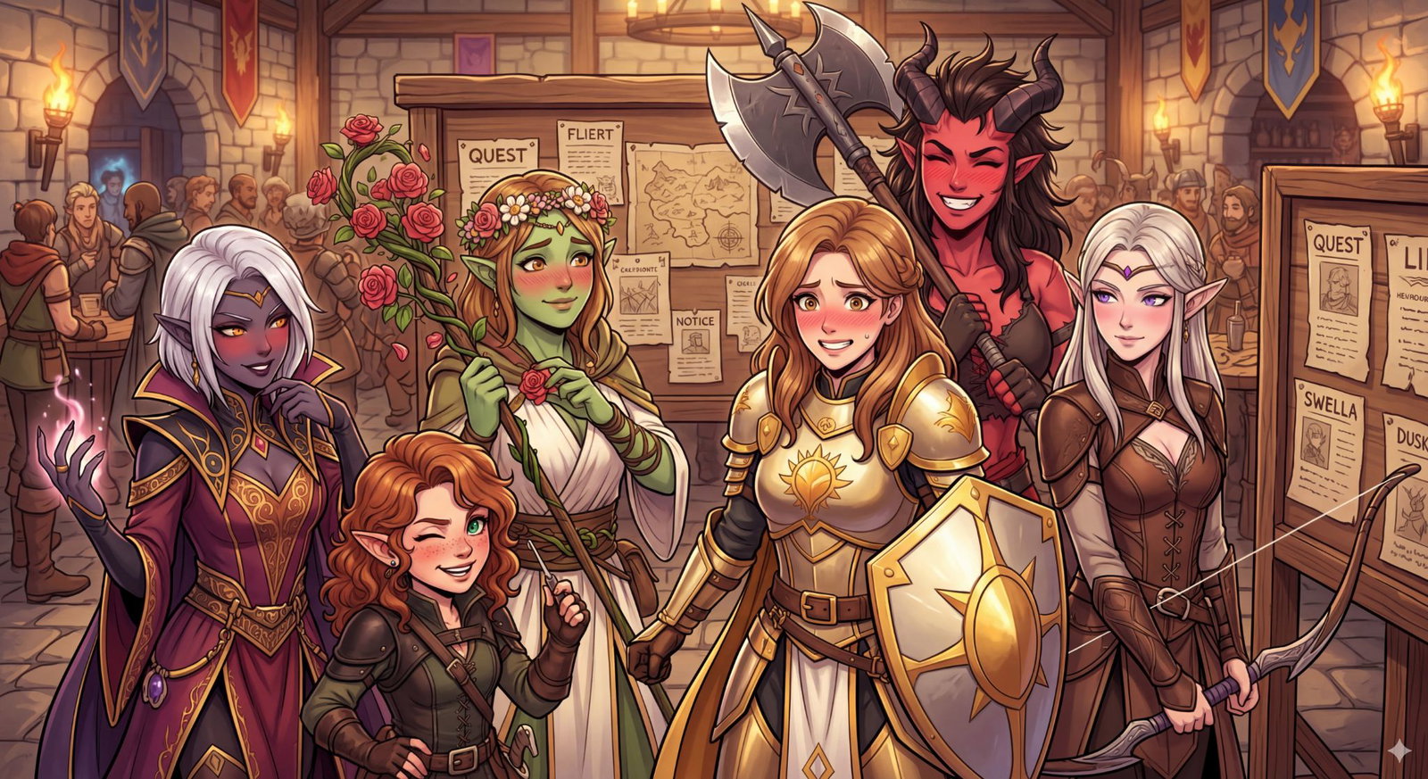 Cover art for Your Female Flirty Party, a fantasy scenario on AI Dungeon