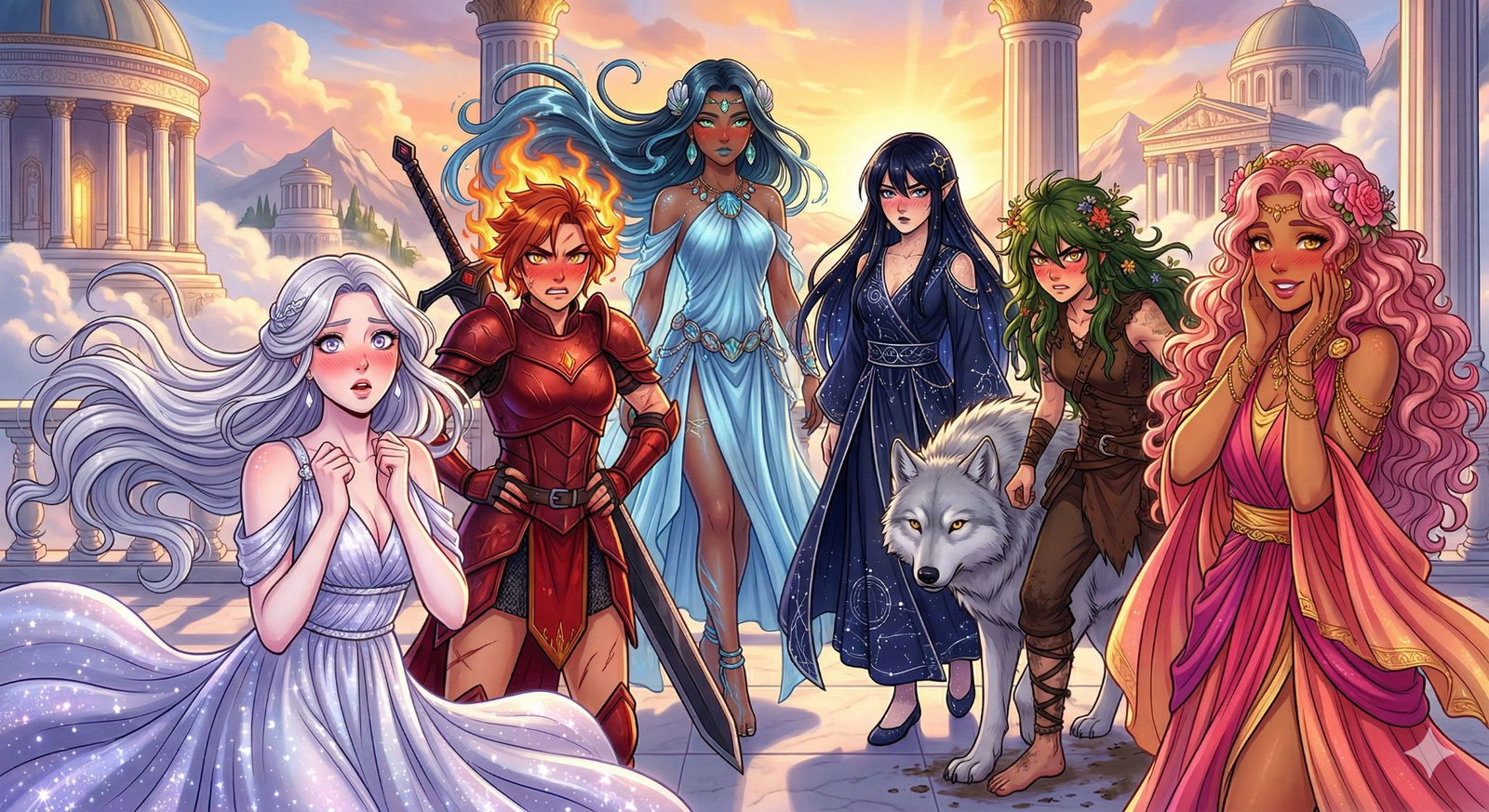 Cover art for Your Flirty Female Pantheon, a mythology scenario on AI Dungeon