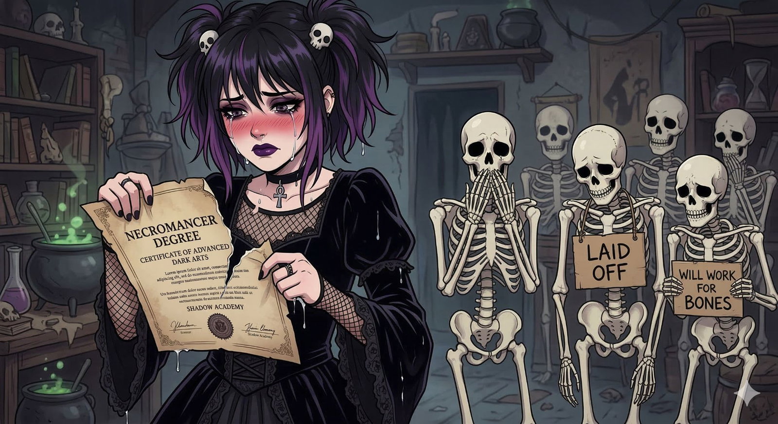 Cover art for Your Necromancy Degree Is Useless, a dark comedy scenario on AI Dungeon