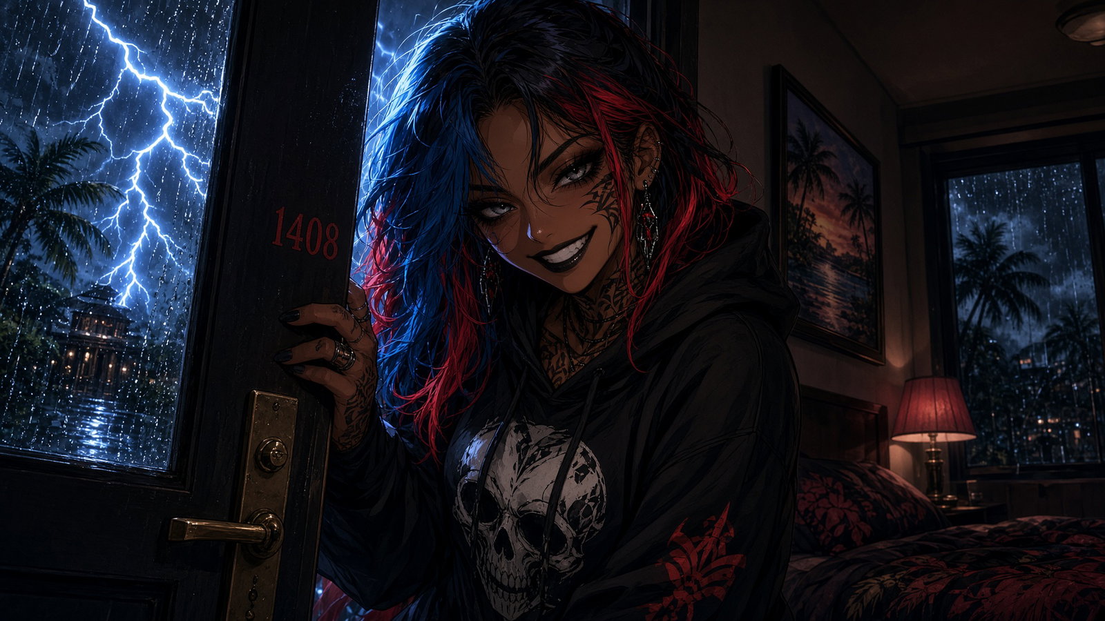 Cover art for A Hawaiian Goth Knocked on Your Hotel Door, a romance scenario on AI Dungeon