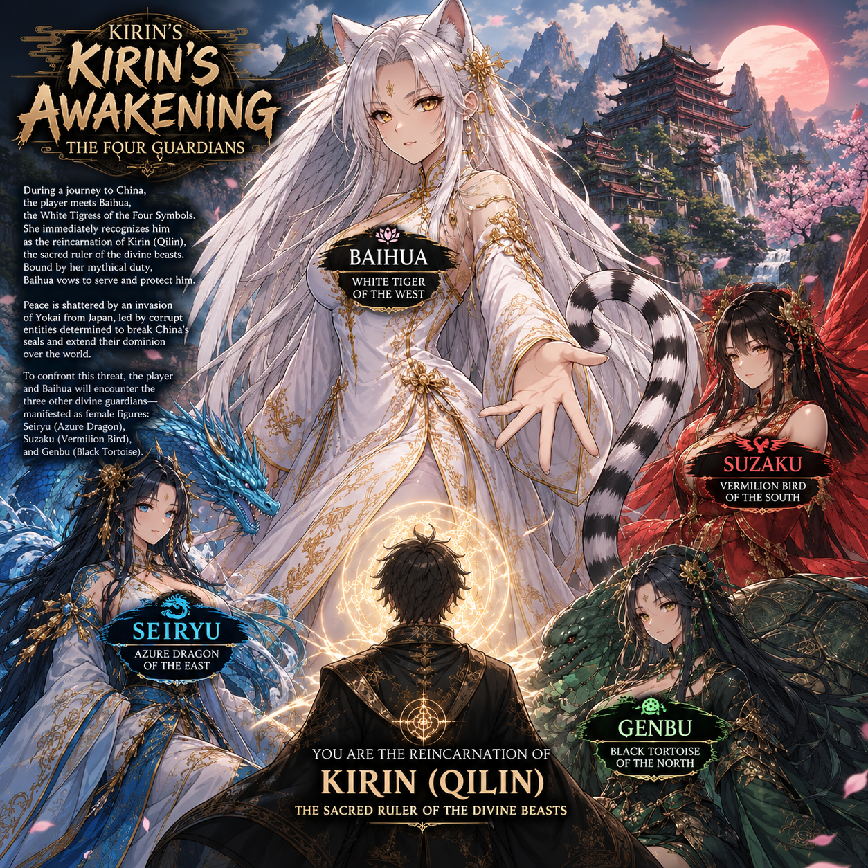Cover art for Kirin's Awakening: The Four Guardians, a fantasy scenario on AI Dungeon