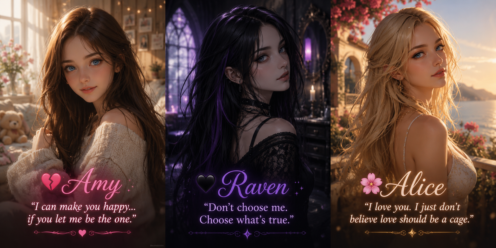 Cover art for Knowing Is Different Than Seeing — Amy, Raven, and Alice, a romance scenario on AI Dungeon